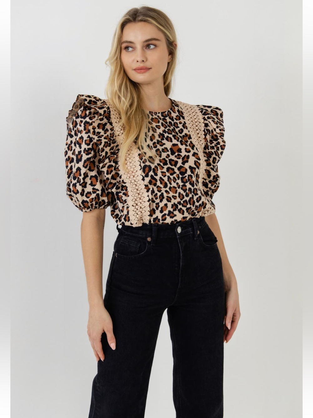 English Factory Leopard Print Ruffle Shoulder Cotton Top